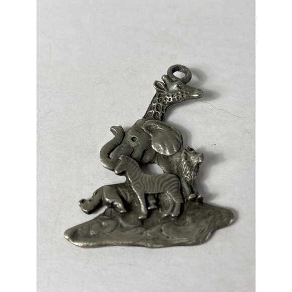 Safari Animal Silvertone Pendant Charm Giraffe Elephant Lion Zebra Rhino 2.25 in - Picture 1 of 3